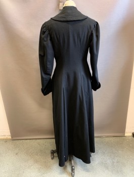 N/L, Black, Wool, Solid, Shawl Collar, 3 Large Black Corded Buttons at Front, 2 Pockets with Flap Closures at Hips, Ankle Length, Folded Cuffs,
