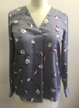 BANANA REPUBLIC, Gray, Black, Magenta Pink, Dusty Rose Pink, Beige, Polyester, Floral, Gray Slightly Shiny Material with Beige and Black Flowers with Magenta Accents, Long Sleeves, V-neck, Vertical Pleat at Center Front From Neck to Hem