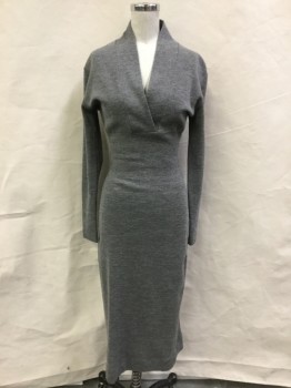 GEISTEX, Gray, Wool, Solid, Bombshell, Sweater Knit, Surplice V-neck, Long Sleeves, Rib Knit Wide Waistband,