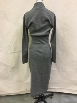 GEISTEX, Gray, Wool, Solid, Bombshell, Sweater Knit, Surplice V-neck, Long Sleeves, Rib Knit Wide Waistband,