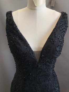 JOVANI, Black, Polyester, Solid, Lace on Netting with Large Beads, Center Back Zipper, Plunge Neckline