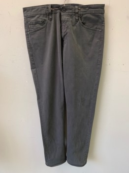 ADRIANO GOLDSCHMIED, Gray, Cotton, Elastane, Solid, Zip Front, Low Rise, 5 Pockets, Hemmed, Black Chrome Notions, Leather Logo Patch, Swirl Top Stitch on Back Pockets