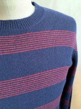 APC, Navy Blue, Red, Wool, Stripes, Crew Neck, Long Sleeves, Ribbed Knit Cuff/Collar/Waistband