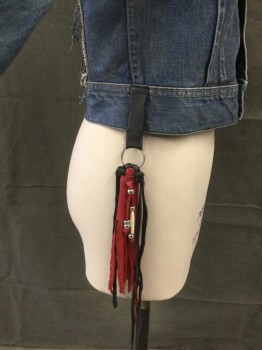 Womens, Jean Jacket, LEE/MTO, Blue, Black, Red, White, Cotton, Leather, Solid, XS, Blue Jean Jacket, Button Front, Stand Collar with Black Leather Attached, Yoke, 2 Flap Pockets, Collar Cut Off, Black Leather, Red/White/Blue with Silver Star Back Patch, Red/Black Fringe Dangle From Right Side, "Bitch" Name Tag Patch