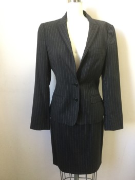 DOLCE & GABBANA, Charcoal Gray, White, Wool, Elastane, Stripes - Pin, Single Breasted, Collar Attached, Peaked Lapel, Hand Picked Collar/Lapel, 3 Pockets, 2 Buttons