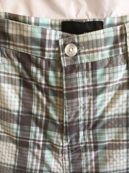 Mens, Shorts, HURLEY, Off White, Gray, Heather Gray, Mint Green, Cotton, Polyester, Plaid, 36, 1.5" Waistband, Flat Front, Zip Front, 4 Pockets