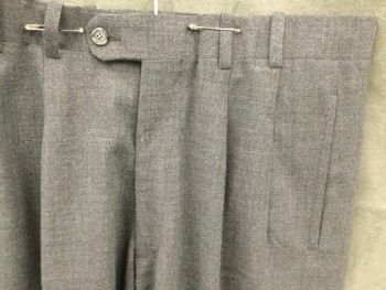 Mens, Slacks, N/L, Charcoal Gray, Wool, Heathered, 34/30, Pleated and Darted, Zip Fly, Button Tab Closure, 4 Pockets, Belt Loops