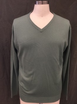 Mens, Pullover Sweater, JAMES PRINGLE, Sage Green, Acrylic, Solid, M, V-neck, Long Sleeves, Ribbed Knit Neck/Waistband/Cuff