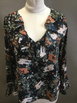 SANCTUARY, Navy Blue, Teal Blue, Lt Pink, Brown, Beige, Polyester, Floral, Ruffled V-neck, One Button, Pull Over, Long Sleeves, Ruffled Cuffs