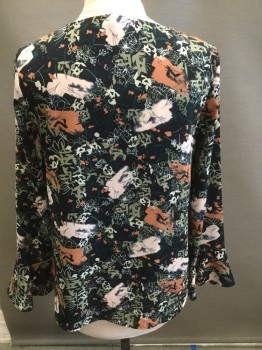 SANCTUARY, Navy Blue, Teal Blue, Lt Pink, Brown, Beige, Polyester, Floral, Ruffled V-neck, One Button, Pull Over, Long Sleeves, Ruffled Cuffs