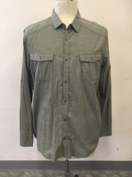 INC., Dusty Green, Cotton, Solid, Button Front, Collar Attached, Long Sleeves, Button Tabs for Sleeve Roll Up, 2 Flap Pockets