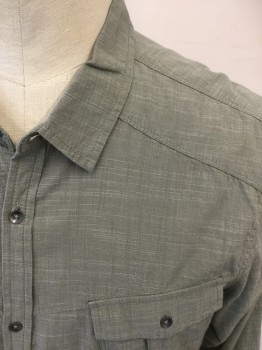 Mens, Casual Shirt, INC., Dusty Green, Cotton, Solid, XXL, Button Front, Collar Attached, Long Sleeves, Button Tabs for Sleeve Roll Up, 2 Flap Pockets