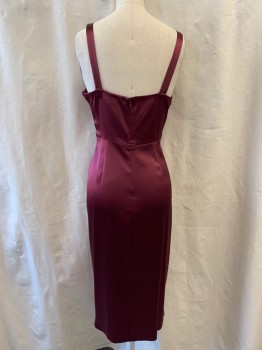 Womens, Cocktail Dress, JILL STUART, Wine Red, Polyester, Acetate, Solid, 4, V-neck, Twist Front, Knot at Center, Sleeveless, Zip Back