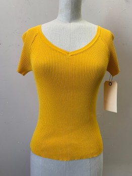 YVES SAINT LAURENT, Yellow, Cotton, Solid, V-neck & Back, Short Sleeves, Ribbed,
