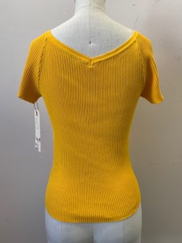 YVES SAINT LAURENT, Yellow, Cotton, Solid, V-neck & Back, Short Sleeves, Ribbed,