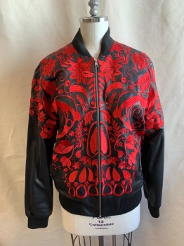 SKIN GRAFT, Black, Red, Leather, Floral, Solid, Zip Front, Black Ribbed Stand Collar, 2 Zip Pockets, Red Floral Embroidery