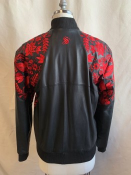 Womens, Leather Jacket, SKIN GRAFT, Black, Red, Leather, Floral, Solid, M, Zip Front, Black Ribbed Stand Collar, 2 Zip Pockets, Red Floral Embroidery