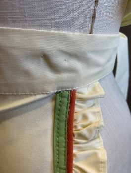 Unisex, Apron, N/L, Cream, Sage Green, Rust Orange, Poly/Cotton, Solid, Waitress/Maid Apron, Sage and Rust Trim, Cream Ruffle Edge, Rounded Shape, Self Ties at Waist