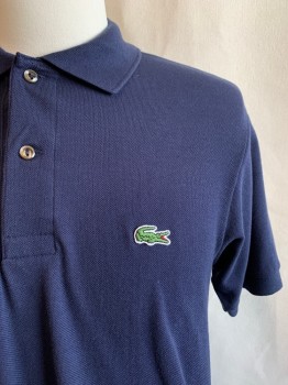 LACOSTE, Navy Blue, Cotton, Solid, Collar Attached, 2 Buttons, Half Placket, Short Sleeves