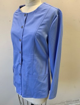 Womens, Scrub Jacket Women, DICKIES, Periwinkle Blue, Polyester, Rayon, Solid, S, Long Sleeves, Snap Front, Round Neck, 3 Pockets/Compartments at Hips, Princess Seams
