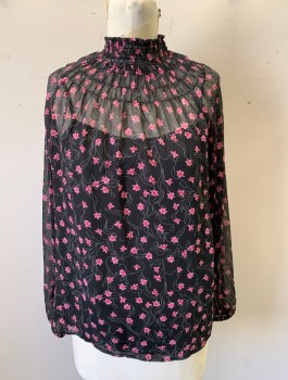 ELIZABETH AND JAMES, Black, Pink, Red, White, Polyester, Floral, Sheer Chiffon, Long Sleeves, Pullover, Smocked Elastic High Neckline, Elastic at Wrists, with Matching Black Camisole to Go Underneath (CF025073)