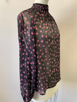 ELIZABETH AND JAMES, Black, Pink, Red, White, Polyester, Floral, Sheer Chiffon, Long Sleeves, Pullover, Smocked Elastic High Neckline, Elastic at Wrists, with Matching Black Camisole to Go Underneath (CF025073)