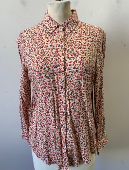 Womens, Blouse, TOP SHOP, Lt Peach, Coral Pink, Olive Green, Mustard Yellow, Black, Rayon, Floral, Sz.2, Long Sleeves, Button Front, Collar Attached