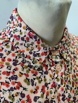 Womens, Blouse, TOP SHOP, Lt Peach, Coral Pink, Olive Green, Mustard Yellow, Black, Rayon, Floral, Sz.2, Long Sleeves, Button Front, Collar Attached