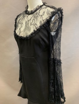 Womens, Dress, Long & 3/4 Sleeve, NICHOLAS, Black, Polyester, Solid, W:26, B:32, See Through Lace Bell Sleeves and Chest, Round Neck with Self Ruffle Edge, Crepe Body, Mini Length, Empire Waist, Self Ruffle at Hem