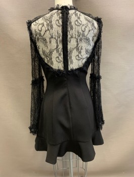 Womens, Dress, Long & 3/4 Sleeve, NICHOLAS, Black, Polyester, Solid, W:26, B:32, See Through Lace Bell Sleeves and Chest, Round Neck with Self Ruffle Edge, Crepe Body, Mini Length, Empire Waist, Self Ruffle at Hem