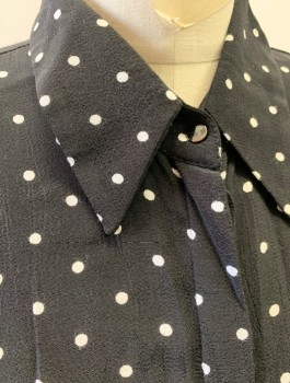 Womens, Dress, Long & 3/4 Sleeve, TOP SHOP, Black, White, Viscose, Polka Dots, Sz.6, Crepe, Shirtwaist with Buttons at Front, Collar Attached, Ankle Length, Invisible Zipper at Side, Tall Slits From Hem to Hip Level at Front