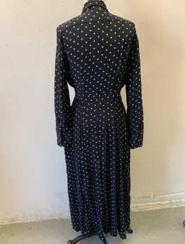 Womens, Dress, Long & 3/4 Sleeve, TOP SHOP, Black, White, Viscose, Polka Dots, Sz.6, Crepe, Shirtwaist with Buttons at Front, Collar Attached, Ankle Length, Invisible Zipper at Side, Tall Slits From Hem to Hip Level at Front