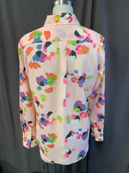 Womens, Blouse, BANANA REPUBLIC, Lt Pink, Multi-color, Polyester, Floral, Abstract , S, Long Sleeves, Button Front, 8  Buttons,  2 Buttons Per Sleeve