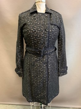 BR, Black, Cotton, Acetate, Floral, 2 Piece with Matching Belt. All Over Floral Lace, Gray Self Diagonal Stripe Lining, Collar Attached, Double Breasted, Button Front, 2 Pockets, Epaulets
