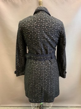 Womens, Coat, BR, Black, Cotton, Acetate, Floral, L, 2 Piece with Matching Belt. All Over Floral Lace, Gray Self Diagonal Stripe Lining, Collar Attached, Double Breasted, Button Front, 2 Pockets, Epaulets