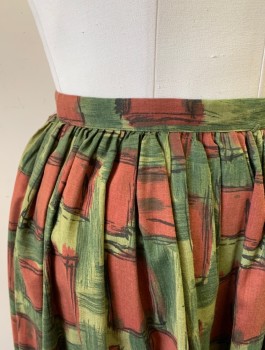 SIGNOR GIOVELLI, Brick Red, Sage Green, Olive Green, Black, Poly/Cotton, Abstract , Squares, Skirt, 1" Wide Self Waistband, Gathered Waist, Knee Length, Side Zipper,