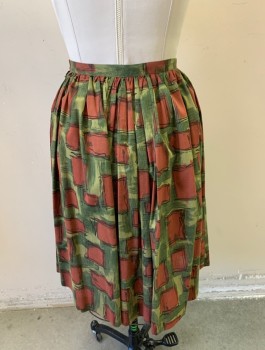 SIGNOR GIOVELLI, Brick Red, Sage Green, Olive Green, Black, Poly/Cotton, Abstract , Squares, Skirt, 1" Wide Self Waistband, Gathered Waist, Knee Length, Side Zipper,