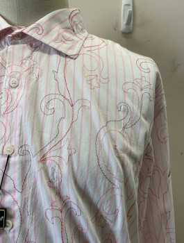 Mens, Casual Shirt, TULLIANO, White, Pink, Red, Cotton, Leaves/Vines , XXXL, Collar Attached, Button Front, Pink and Red Leave/Vine Stitching