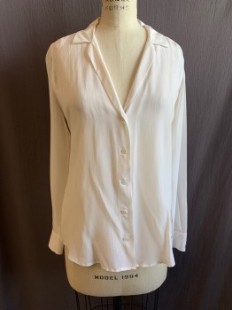 EQUIPMENT, White, Silk, Solid, Collar Attached, V-neck, Button Front, Long Sleeves