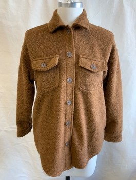 Mens, Casual Shirt, DEX, Camel Brown, Polyester, Solid, XS, L/S, B.F., Fleece/Flannel, Chest Pockets With Button Flaps, Large Tortoise Shell Buttons