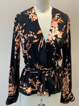 JOIE, Black, Peach Orange, Peachy Pink, Polyester, Floral, V Neck Wrap, Elastic Waist with Front Tie Belt, L/S, Cuff, Back Ruching @ Waist