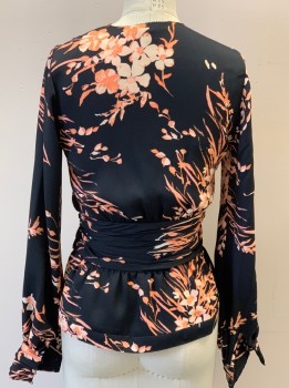 JOIE, Black, Peach Orange, Peachy Pink, Polyester, Floral, V Neck Wrap, Elastic Waist with Front Tie Belt, L/S, Cuff, Back Ruching @ Waist