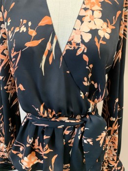 Womens, Blouse, JOIE, Black, Peach Orange, Peachy Pink, Polyester, Floral, XXS, V Neck Wrap, Elastic Waist with Front Tie Belt, L/S, Cuff, Back Ruching @ Waist