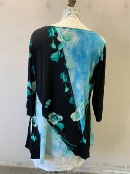 Womens, Top, ALFANI, Lt Blue, Aqua Blue, Black, White, Turquoise Blue, Polyester, Spandex, Floral, 2X, Boat Neck, Pullover, 3/4 Sleeves, A-line