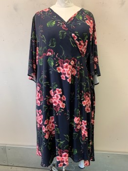 NO LABEL, Navy Blue, Pink, Maroon Red, Green, Silk, Floral, S/S, V Neck, Wrap Around, Side Pockets,