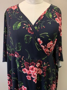 NO LABEL, Navy Blue, Pink, Maroon Red, Green, Silk, Floral, S/S, V Neck, Wrap Around, Side Pockets,