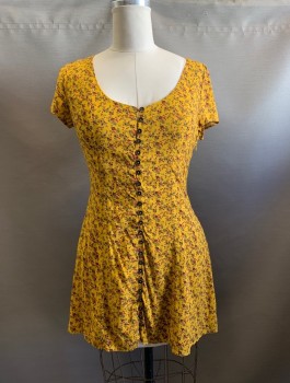 Womens, Dress, Short Sleeve, URBAN OUTFITTERS, Amber Yellow, Red Burgundy, Rayon, Floral, L, V-N, Button Front, Lace Back,