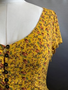 Womens, Dress, Short Sleeve, URBAN OUTFITTERS, Amber Yellow, Red Burgundy, Rayon, Floral, L, V-N, Button Front, Lace Back,