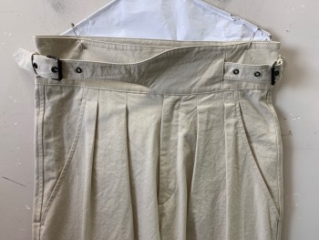 Isabel Marant, Beige, Cotton, Solid, Pleated, Slant Pockets, Zip Front, Waist Band with Side Buckles