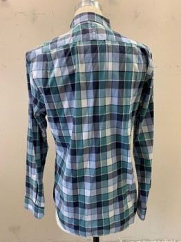 BANANA REPUBLIC, Teal Blue, Sage Green, Navy Blue, Gray, White, Cotton, Plaid, Collar Attached, Button Down Collar, Button Front, Long Sleeves